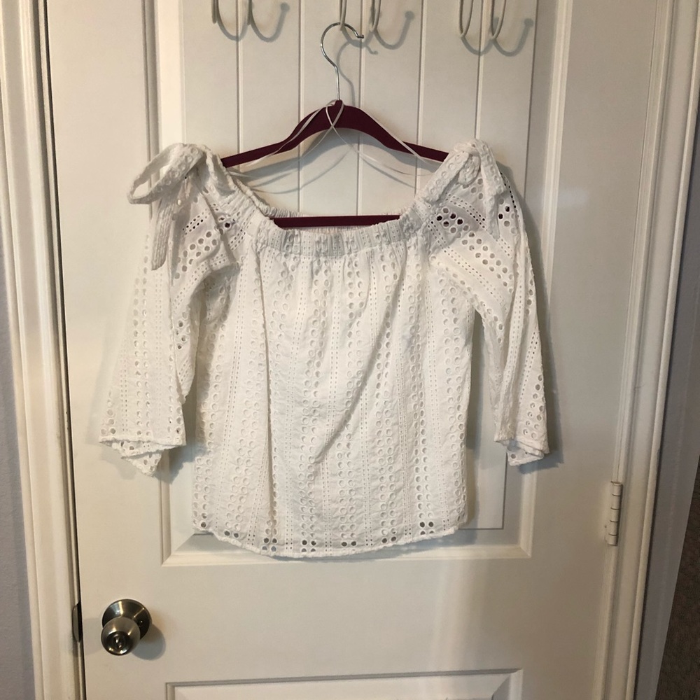 Off the shoulder white eyelet blouse